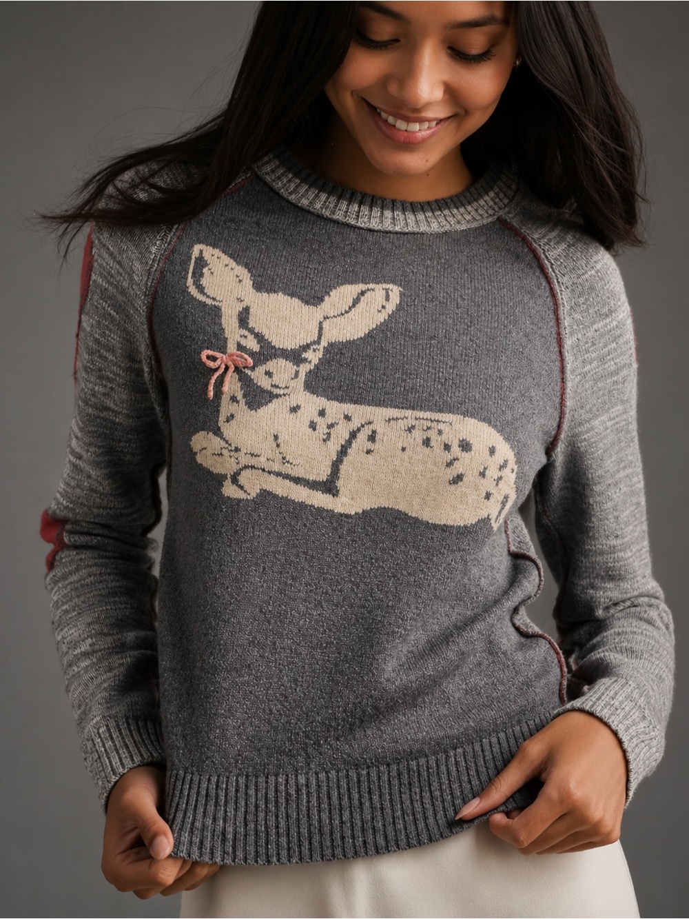 New with Tag! $128 Pilcro Anthropologie Womens Gray Deer Crewneck Sweater sz M